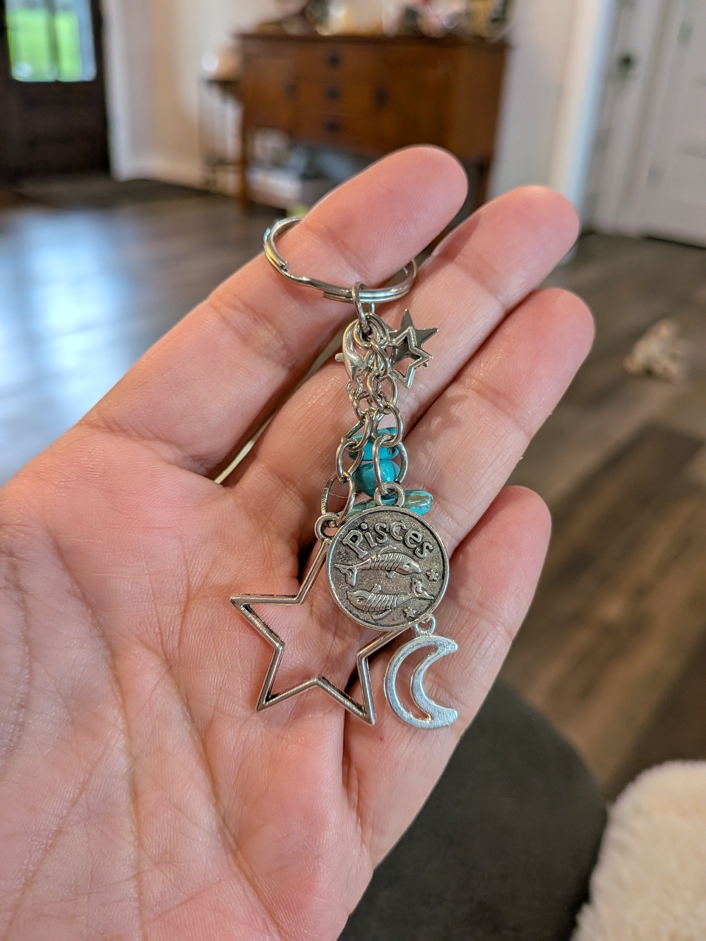 Zodiac Pisces Silver Star & Moon Keychain with Turquoise Accent